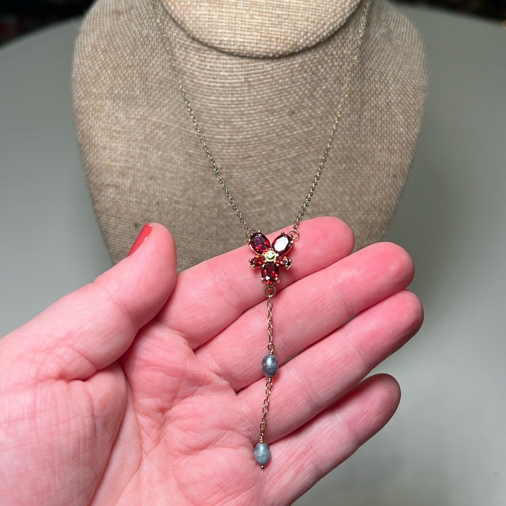 Vintage WBE gold over sterling silver 925 flower faux pearl lariat necklace